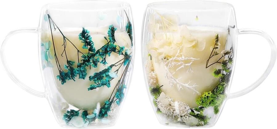 Macchiato-glazen met droogbloemen 350 ml dubbelwandige glazen espressokopjes thermoglazen dubbelwandige cappuccinokopjes voor thee ijsthee blauw en groen