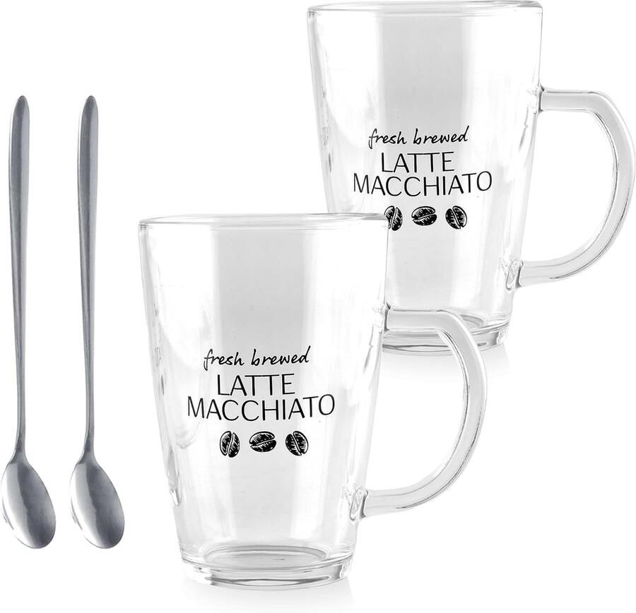 Macchiato Glazen Set van 10 Inclusief 10 Longdrinklepels 300ml Magnetronbestendig Niet Geschikt voor Vaatwasser Ideaal voor Warme en Koude Dranken