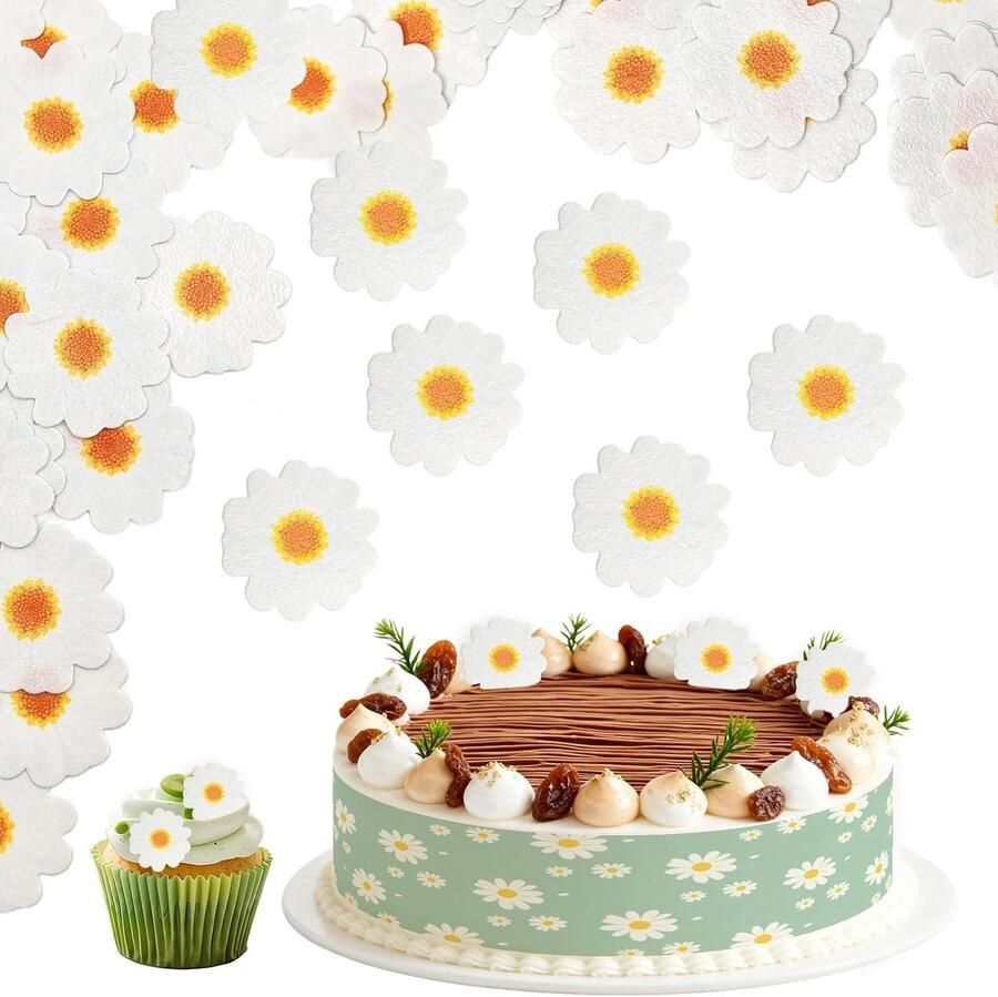 Madeliefje muffin decoratie eetbaar Eetbare bloemen voor taarten 4 eetbare taartlinten + 40 madeliefjes eetbare bloemen taartdecoraties eetbare papieren bloemens