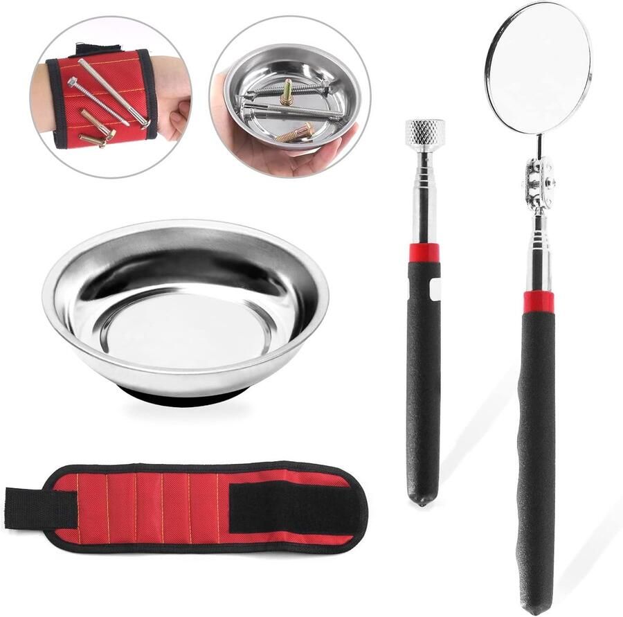 Magnetische telescopische pick-up gereedschapssets magnetische onderdelenlade 10 pond telescopische magneetstick ronde telescopische inspectiespiegel en rode magnetische polsband met 15 krachtige magneten