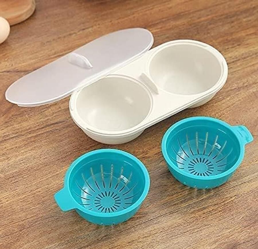 Magnetron Ei Stroper Dubbele Eierkoker Ontbijt Maken Met Afvoer Mand 22 cm Blauw