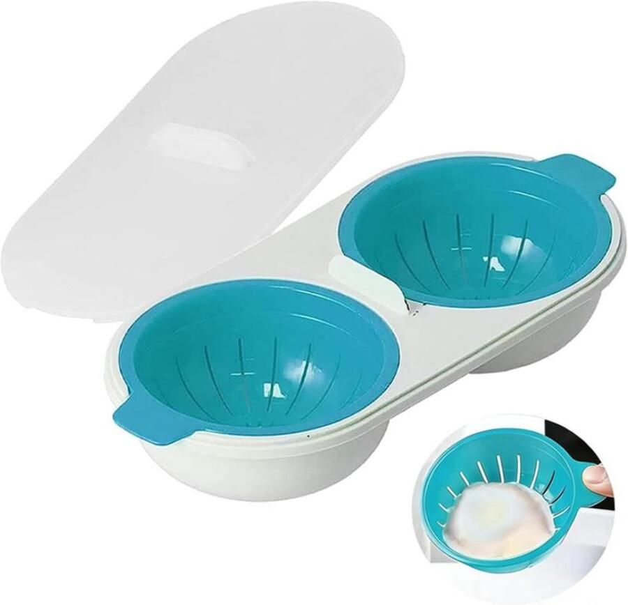 Magnetron Eierkoker 2-holte gekookte eierkoker Met afvoerzeef Gepocheerde eierstomer Efficiënte keuken gestoomd gepocheerd ei gadget blauw