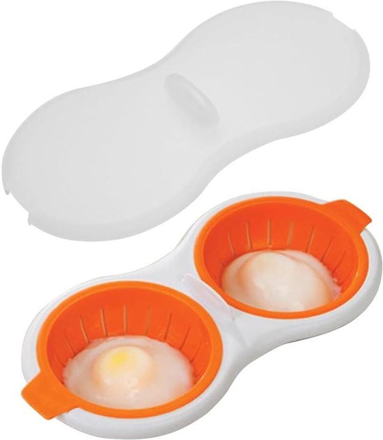 Magnetron Eierkoker 2-holte gekookte eierkoker Met afvoerzeef Gepocheerde eierstomer Efficiënte keuken gestoomd gepocheerd ei gadget oranje