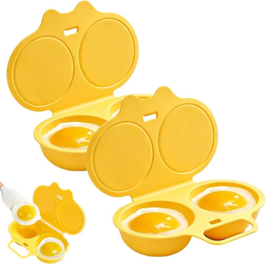 Magnetron Eierkoker 2 stuks 2-holte gekookte eierkoker Eierstoompan Eipocheerder Kook Er Twee Tegelijk Gepocheerde eierstomer Efficiënte keuken gestoomd gepocheerd ei gadget 16x12x3cm Geel