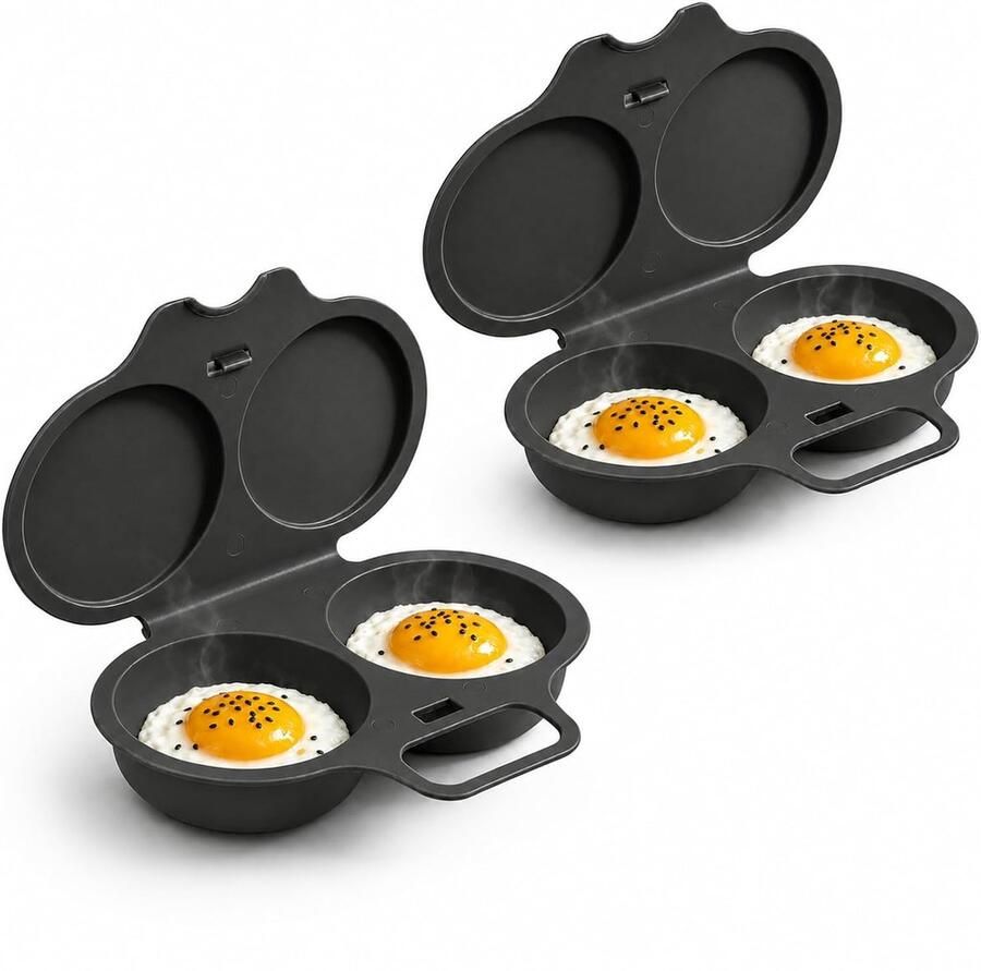 Magnetron Eierkoker 2 stuks 2-holte gekookte eierkoker Eierstoompan Eipocheerder Kook Er Twee Tegelijk Gepocheerde eierstomer Efficiënte keuken gestoomd gepocheerd ei gadget 16x12x3cm Donkergrijs