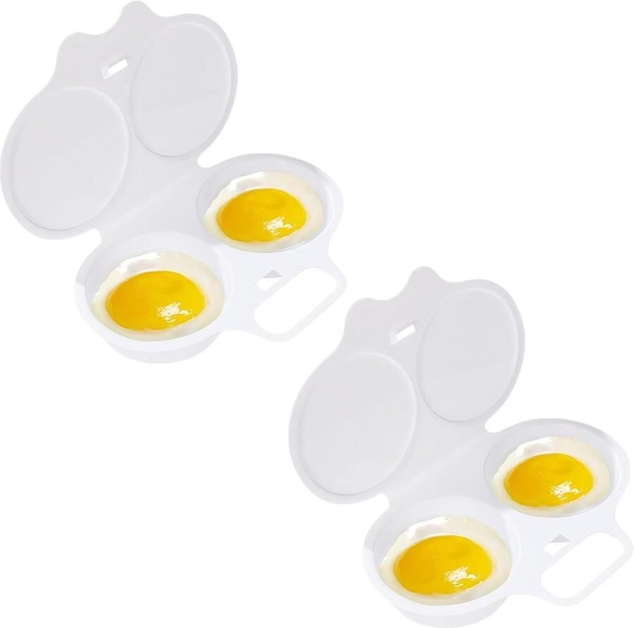Magnetron Eierkoker 2 stuks 2-holte gekookte eierkoker Eierstoompan Eipocheerder Kook Er Twee Tegelijk Gepocheerde eierstomer Efficiënte keuken gestoomd gepocheerd ei gadget 16x12x3cm wit