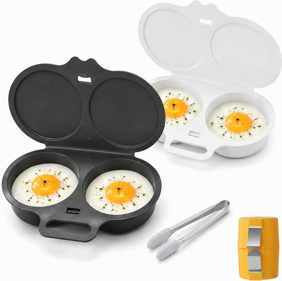 Magnetron Eierkoker 2 stuks Eierkoker Ei Koker Dubbele Houders Eenvoudig te bedienen Snel Ontbijt Snel ei koken bakken Makkelijk schoon te maken 16x12x3cm Wit+Grijs