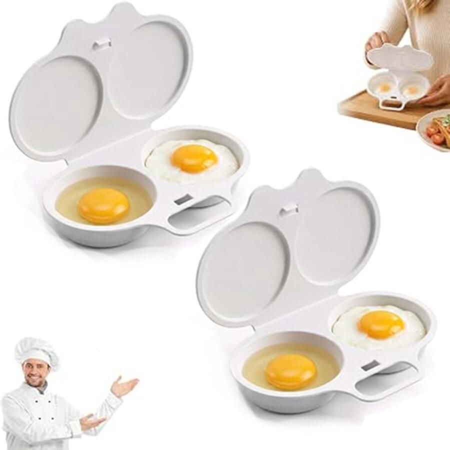 Magnetron Eierkoker 2 stuks Eierkoker Ei Koker Stoompan Eieren Dubbele Houders Draagbare Mini Snelle Eierkookbeker Gepocheerd Ei Snel Ontbijt Snel ei koken bakken Voor Keuken Ontbijt 16x12x3cm Wit