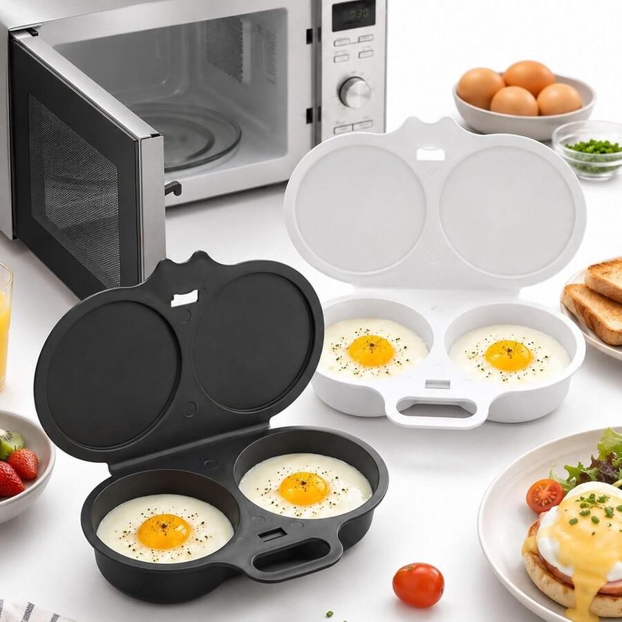 Magnetron Eierkoker 2 stuks Eierkoker Ei Koker Stoompan Eieren Dubbele Houders Draagbare Mini Snelle Eierkookbeker Gepocheerd Ei Snel Ontbijt Snel ei koken bakken Voor Keuken Ontbijt 16x12x3cm Wit+Grijs