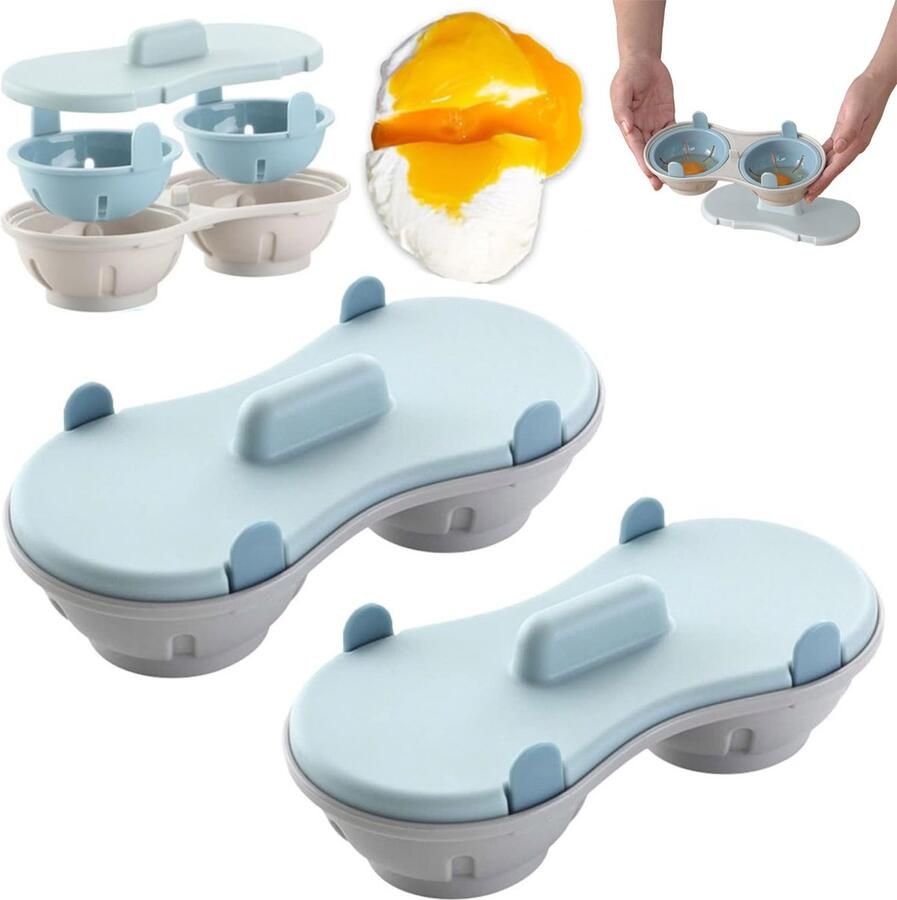 Magnetron Eierkoker 2 Stuks Eipocheerder Eierstoompan Kook Er Twee Tegelijk Maakt 2 Eieren Egg Poacher Gepocheerde Eier Maker Eierkoker Microwave Egg Boiler Hittebestendige Koker Keukengereedschap PP Snel Ontbijt Blauw