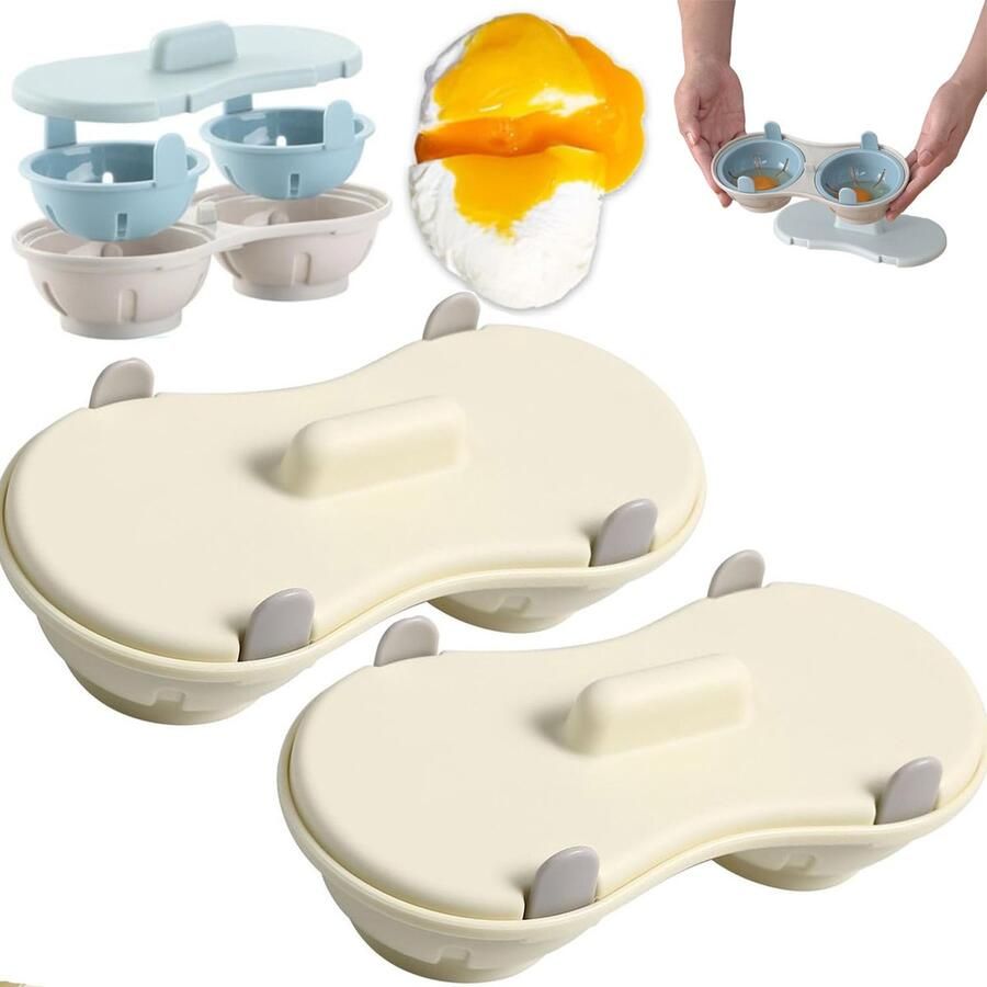 Magnetron Eierkoker 2 Stuks Eipocheerder Eierstoompan Kook Er Twee Tegelijk Maakt 2 Eieren Egg Poacher Gepocheerde Eier Maker Eierkoker Microwave Egg Boiler Hittebestendige Koker Keukengereedschap PP Snel Ontbijt Wit