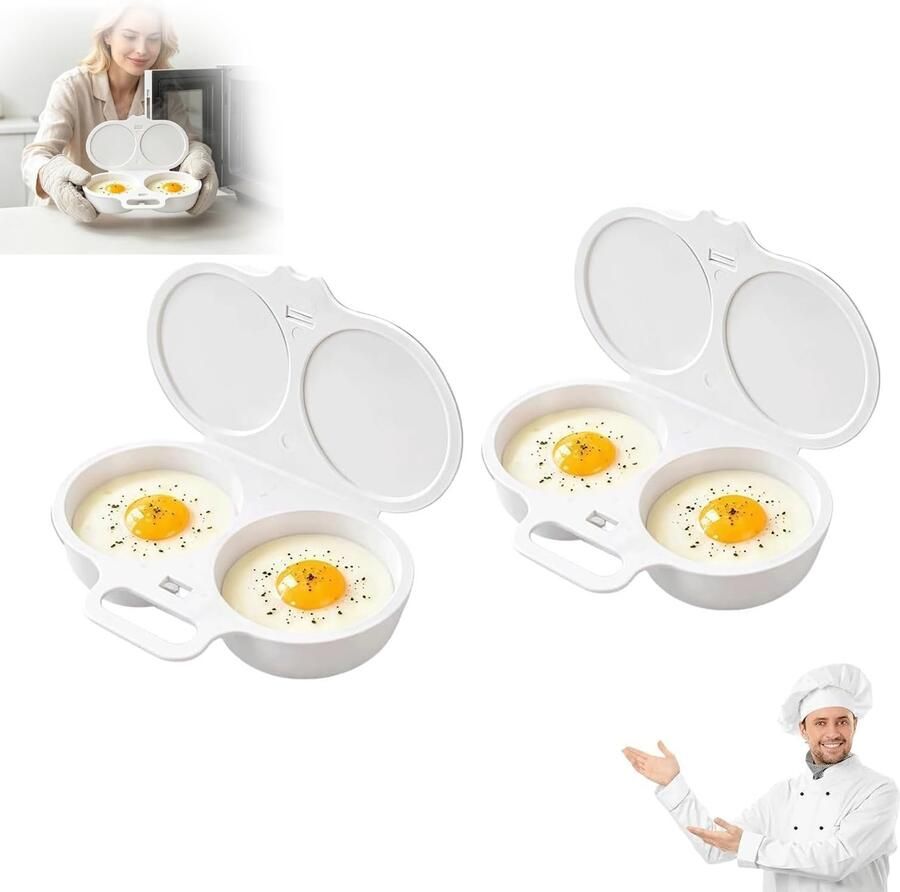 Magnetron Eierkoker 2 Stuks Microwave Easy Eggs Eierstoompan Eipocheerder Eierkoker magnetron met 2 Holtes Eierkoker 2 eieren Gepocheerde Eier Maker Egg Poacher Snel en olievrij koken Keukenaccessoire Keukengereedschap Wit