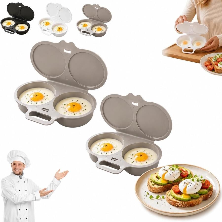 Magnetron Eierkoker 2 Stuks Microwave Easy Eggs Eierstoompan Eipocheerder Eierkoker magnetron met 2 Holtes Eierkoker 2 eieren Gepocheerde Eier Maker Egg Poacher Snel en olievrij koken Keukenaccessoire Keukengereedschap Grijs