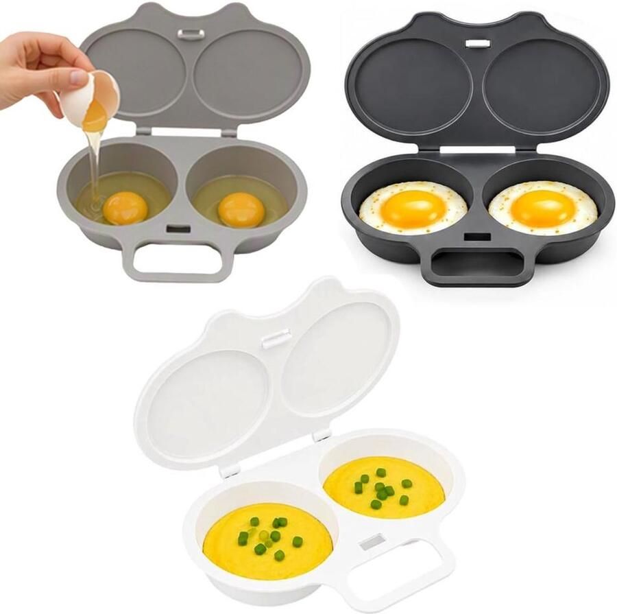 Magnetron Eierkoker 3 Stuks Stoompan Eieren Eierstoompan Eipocheerder Microwave Egg Boiler Maakt 2 Eieren Snel Ontbijt -Egg Poacher Ei Koker Dubbele Houders Gepocheerd Ei Wit donkergrijs lichtgrijs
