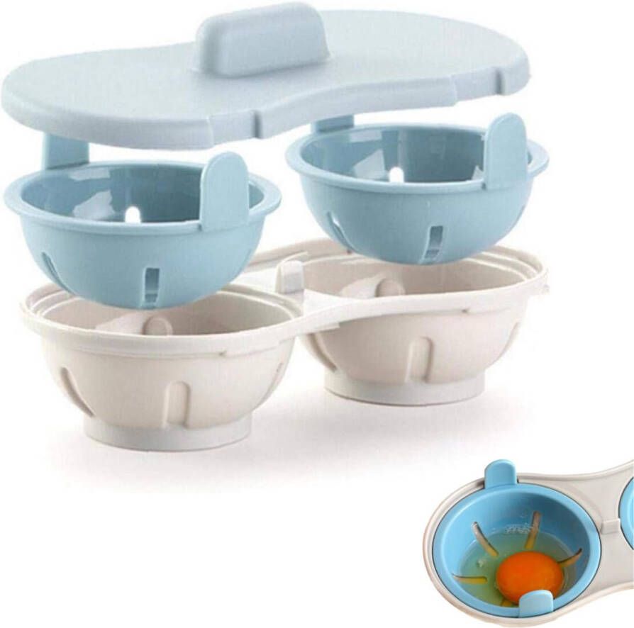 Magnetron Eierkoker Eier Maker 22*11*8 cm Magnetron-eierkoker met 2 holtes Gepocheerde Eier Maker Gepocheerde Egg poacher gepocheerde eierdopjes Egg poacher Ei Pocheerpan Kookgerei keukengereedschap blauw