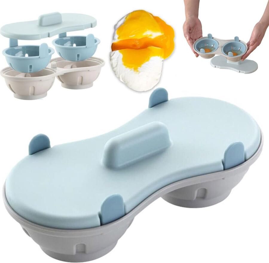 Magnetron Eierkoker Eipocheerder Eierstoompan Kook Er Twee Tegelijk Maakt 2 Eieren Egg Poacher Gepocheerde Eier Maker Eierkoker Microwave Egg Boiler Hittebestendige Koker Keukengereedschap Met deksel PP Snel Ontbijt Blauw