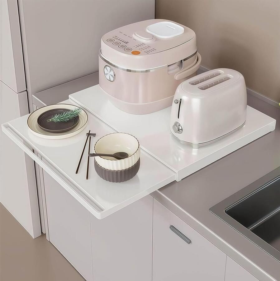 Magnetron Oven Rek Keuken Uitschuifbaar Apparaat Opslag Uittrekbare Lade 36-62cm Verstelbaar Wit