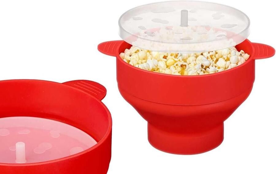 Magnetron Popcornmaker Siliconen Kom Snelle Snacks Geventileerd Deksel Inklapbaar Ontwerp Rood