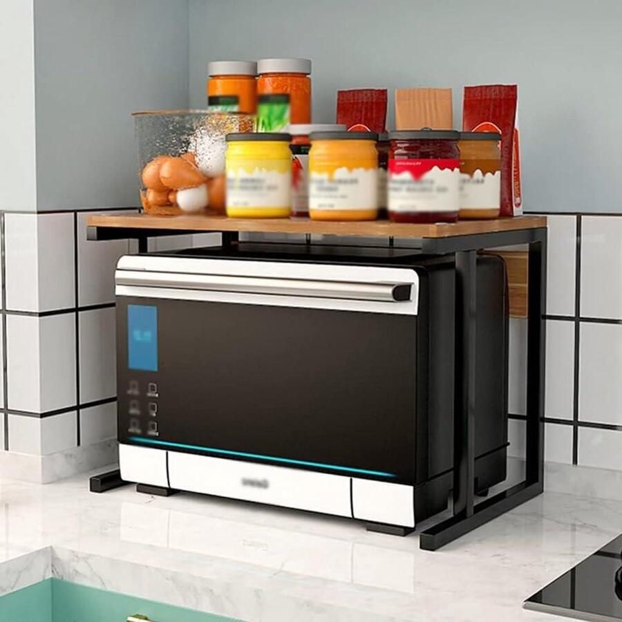 Magnetron Rack keuken aanrecht organizer magnetron standaard Heavy Duty stevige magnetron plank Stand Oven Rack Hout Staal Oven Rack Magnetron Werkblad Plank 2-Tier Keuken Aanrecht