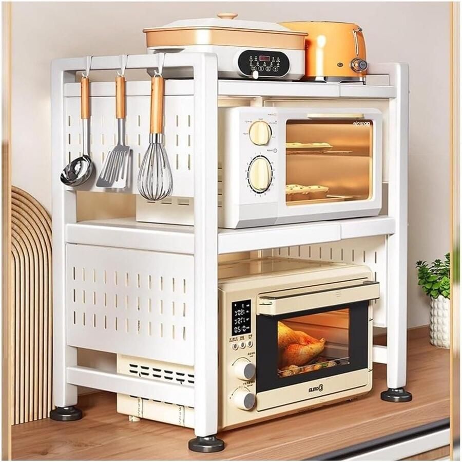 Magnetron Rek Magnetron Oven Rack Verstelbaar Broodrooster Voor Keuken Countertop Organizer Voor Spice Planken Keuken Opbergrek(White)