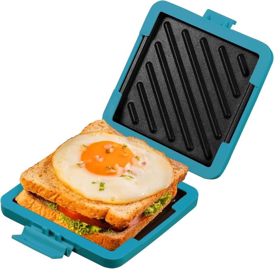 Magnetron Sandwichmaker Broodrooster en Paninimaker voor Magnetron Vaatwasmachinebestendig en Tosti-veilig Geen Elektriciteit Nodig Draadloos en Tijdbesparend Snel Ontbijt of Snack voor Thuis Blauw