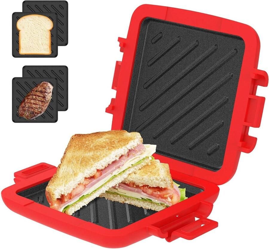 Magnetron Sandwichmaker Broodrooster Snel Ontbijt Vaatwasmachinebestendig 18 x 16 cm Rood