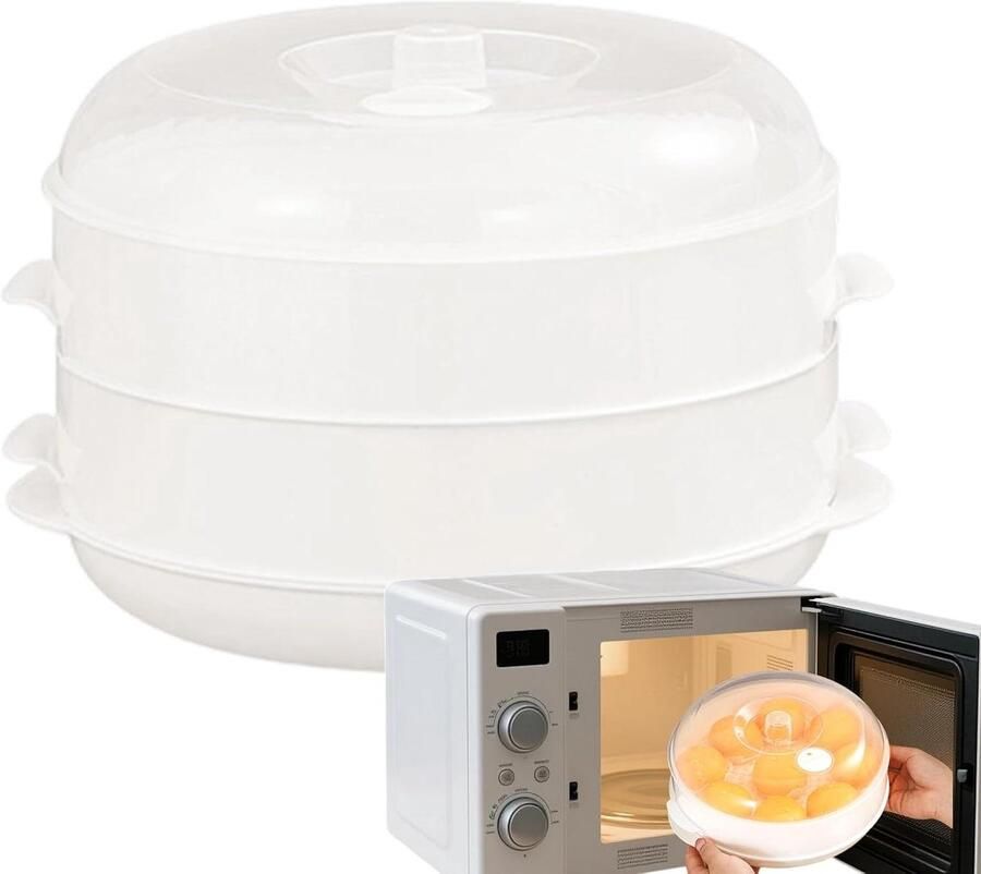 Magnetron Stoomkoker Voedselcontainer Stoom Gezond Koken Stapelbaar Ontwerp 22 x 16.5 cm Wit