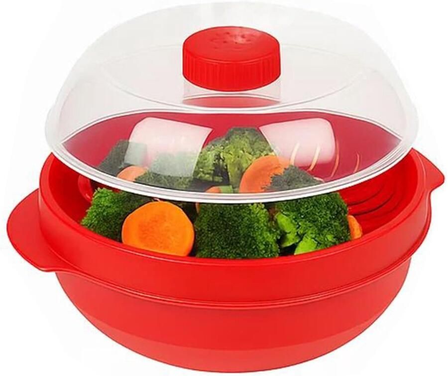 Magnetron Stoompan Dubbele Laag Gezond Koken Efficiënte Maaltijden 21x21x18 cm Helder Rood