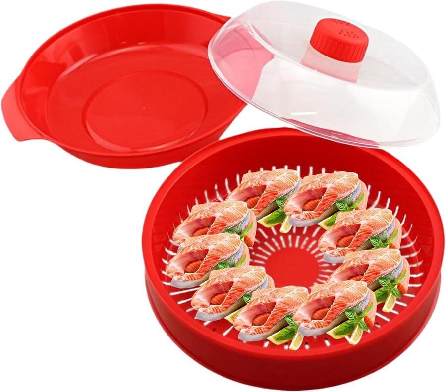 Magnetron Stoompan Dubbele Laag Snelle Maaltijden Hittebestendig Keukengerei 21x21x18 cm Rood