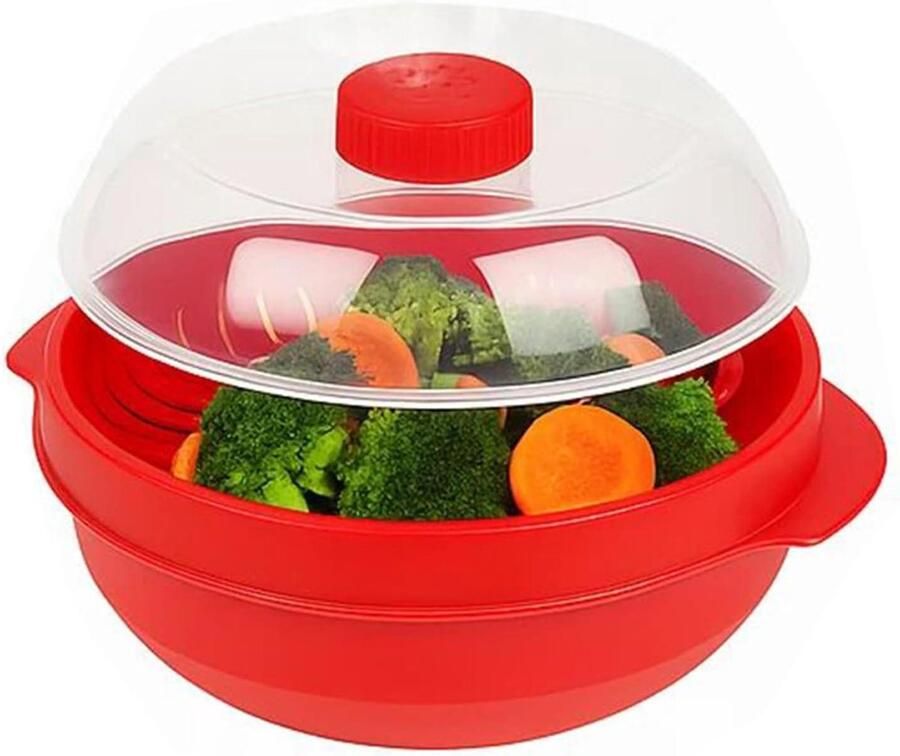 Magnetron Stoompan Stoomkoker Deksel Gezond Koken Dubbele Configuratie 21 x 21 x 18 cm Fel Rood