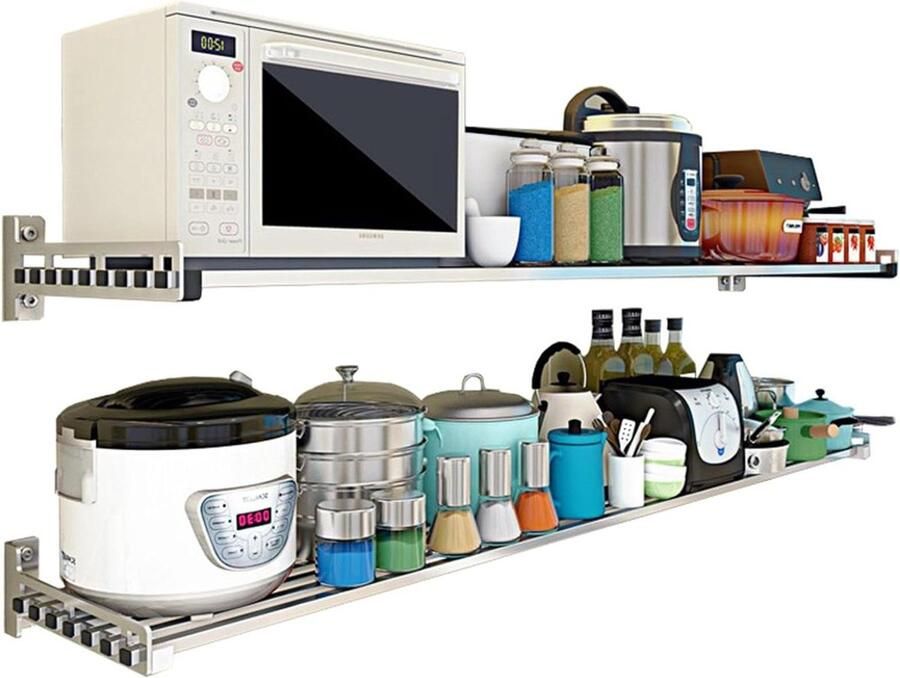 Magnetron Wandplank Keukenrek Oven Ruimte Besparen Verstelbaar Roestvrij Staal 140 x 38 cm Zilverkleurig - Foto 1