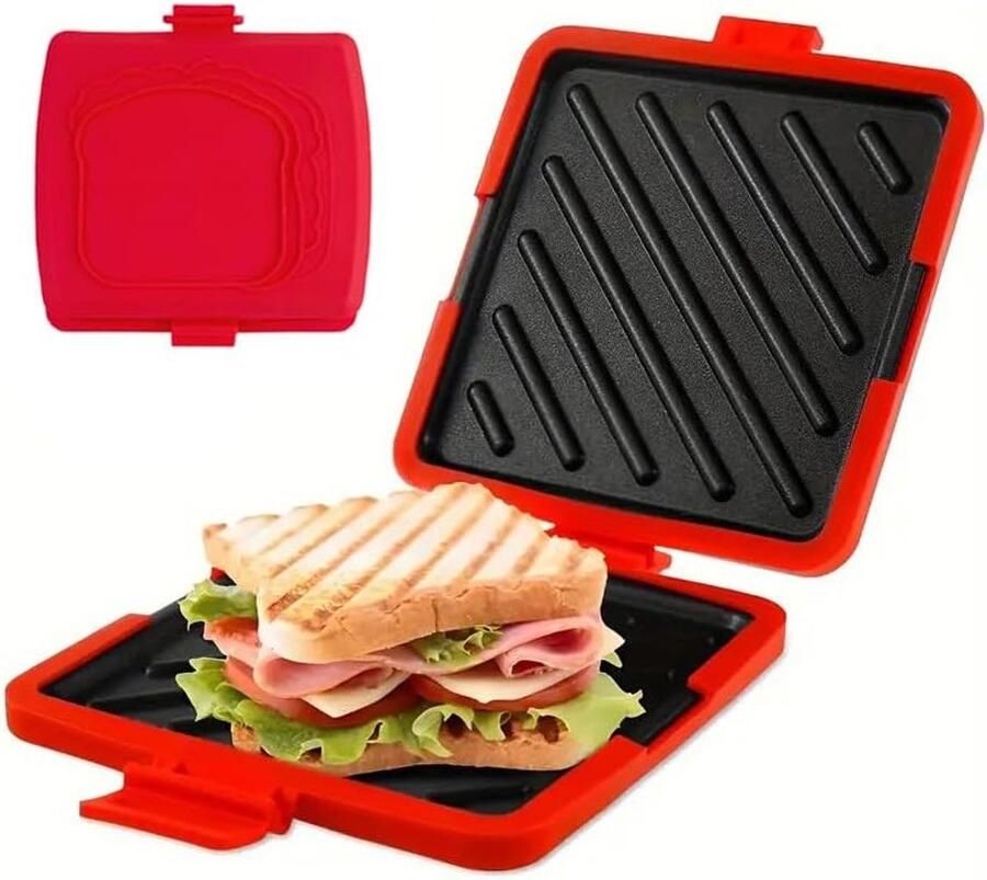 Magnetronbroodrooster 16 8 x 16 1 x 3 cm voor het snel en gemakkelijk maken van toast en gegrilde kaassandwiches. Inclusief verstelbare siliconen band. Geschikt voor de magnetron. Ook geschikt voor het maken van toast en panini (rood)
