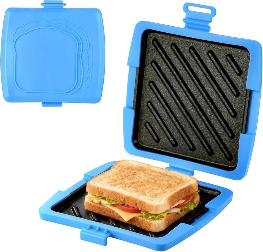 Magnetronbroodrooster blauw met uitneembare aluminium bakplaat en siliconen behuizing 16 x 16 cm geschikt voor sandwiches met spek panini's enz