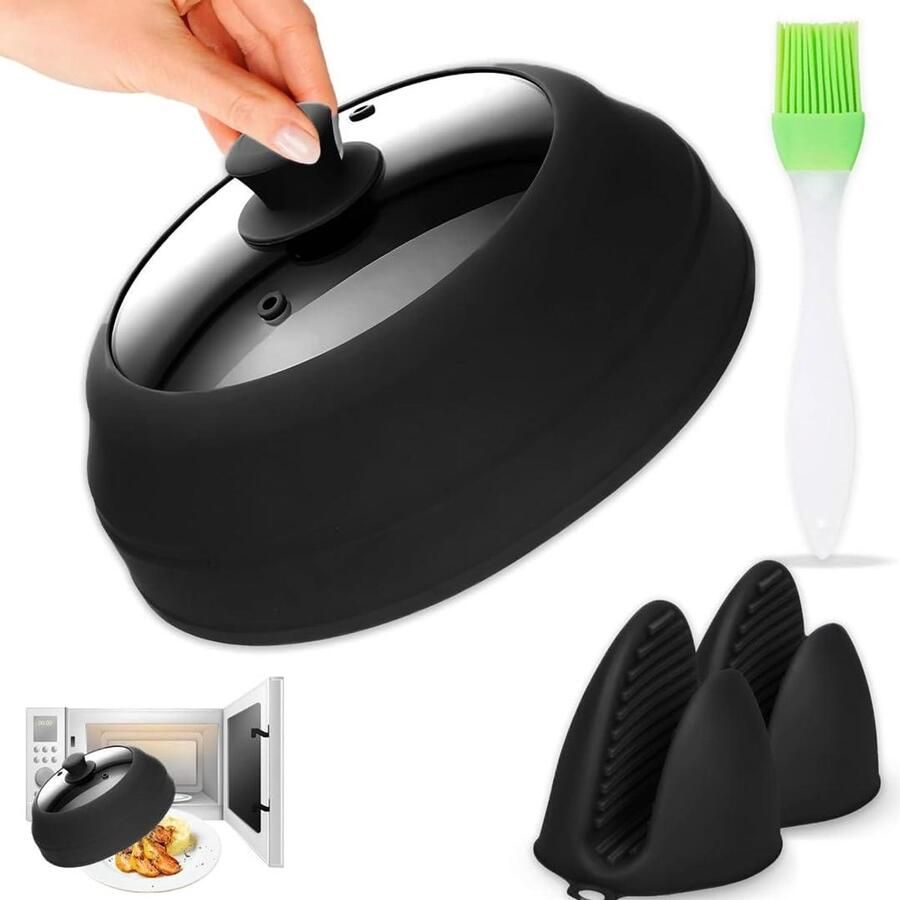 Magnetronhoes Opvouwbaar Magnetron Deksel Voedsel Verwarmen Met Glasplaat Tot 25 cm Zwart