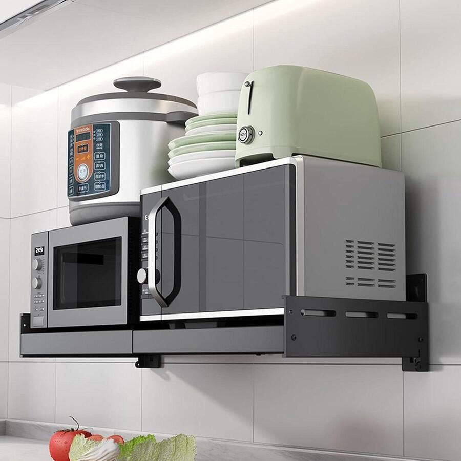 Magnetronrek Wandmontage Oven Plank Beugel Keuken Opbergen Schaalbaar Roestvrij Staal 50-65cm lang x 39.5cm breed Zwart