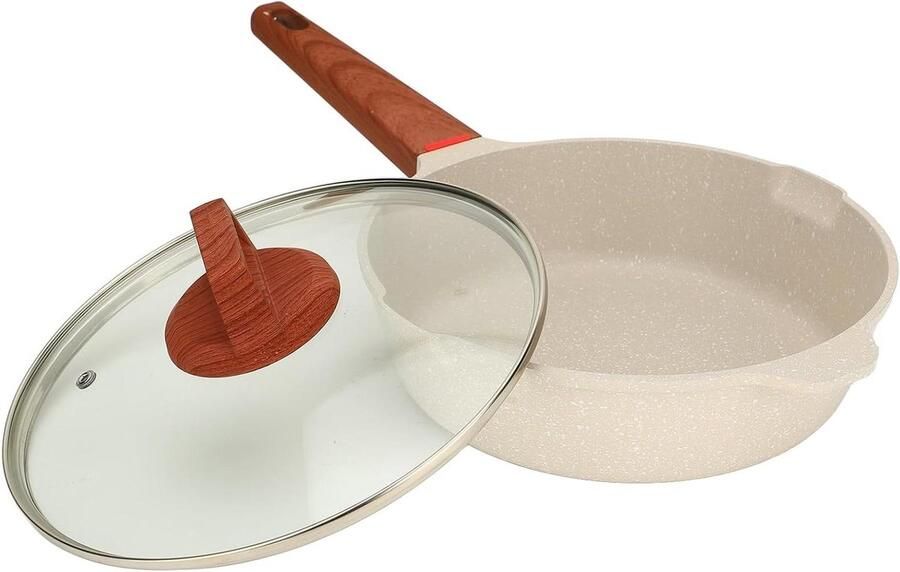 Maifan Stenen Koekenpan met deksel Ontbijt bereiden Maifan steen antiaanbaklaag 24 cm Ivoorwit