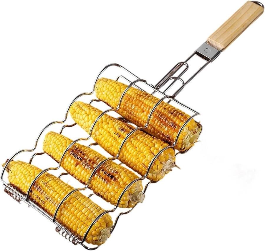 Mais Grillrek Mais Barbecue Mand Mais Roosteren Comfortabele Houten Handgreep Niet Gespecificeerd Zilver