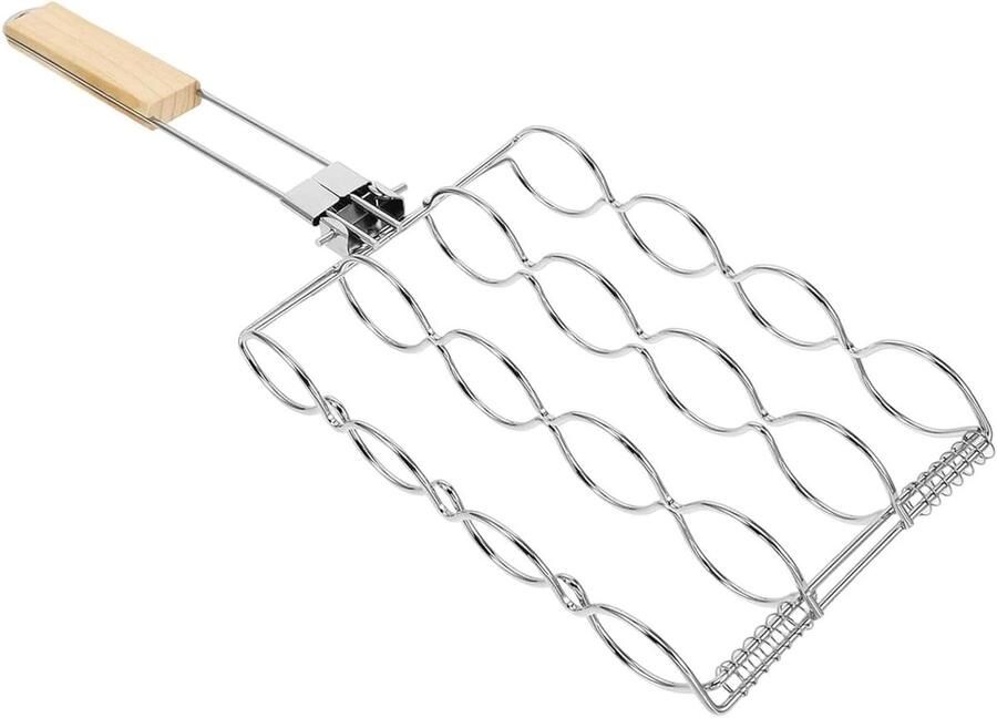 Maïsrek Grill Barbecue Houder Gelijkmatig Koken Houten Handvat 27 cm Zilver