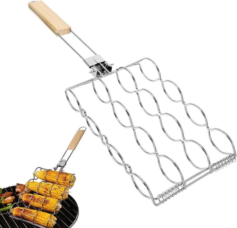 Maïsrek Grill Keukengadget Tuin Buiten Eten Houten Handvat Opvouwbaar Zilver