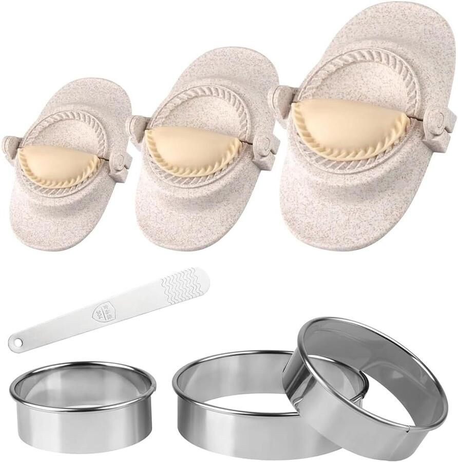Maker & Dumpling Maker Set met Deesnijder [3 maten] Empanadas Gyoza Maultaschen deegvormer Ravioli Vorm Weizenstroh Materiaal Vorm Klein 7cm Middel 8cm Groot 11cm