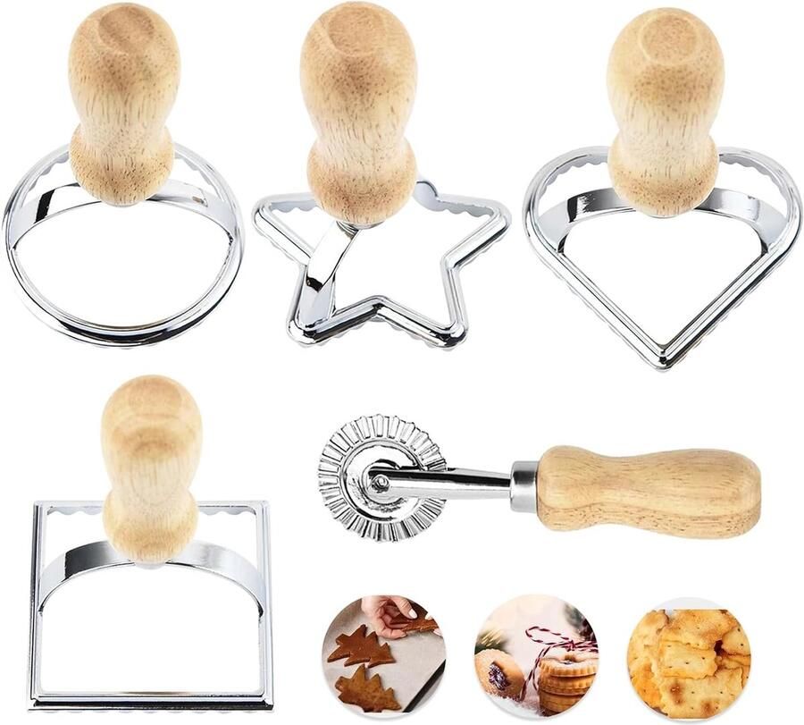 Maker Set van 5 Uitsteekvormpjes Vormers Snijder met Handvat Deegwiel Vierkante en Ronde Vormen