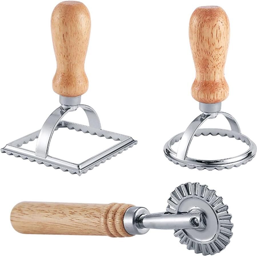 Maker Stempelsnijder met rolwielset pastamachervorm met houten handvat en geribbelde rand ravioli-snijder en persstempel voor pasta knoedels lasagne pierogi (3 set met snijder)