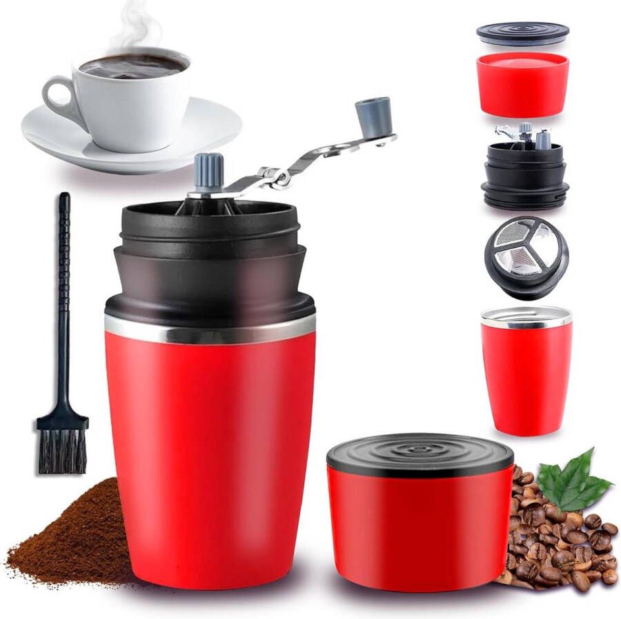 Manual Coffee Grinder Integrated Pour Over Coffee Maker and Stainless Steel Mug Ceramic Grinder Adjustable Grind Stainless Steel Filter Cleaning Brush