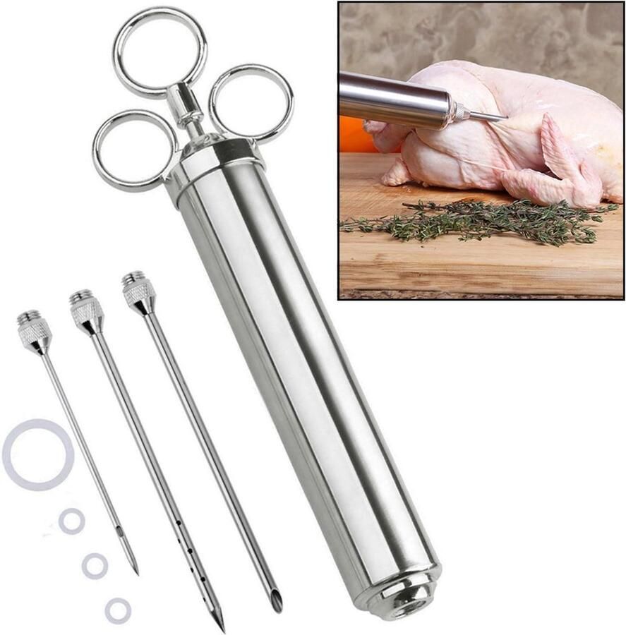 Marinade Injector Vleesspuit Smaak Verdiepen Grote Inhoud 120 ml Zilver