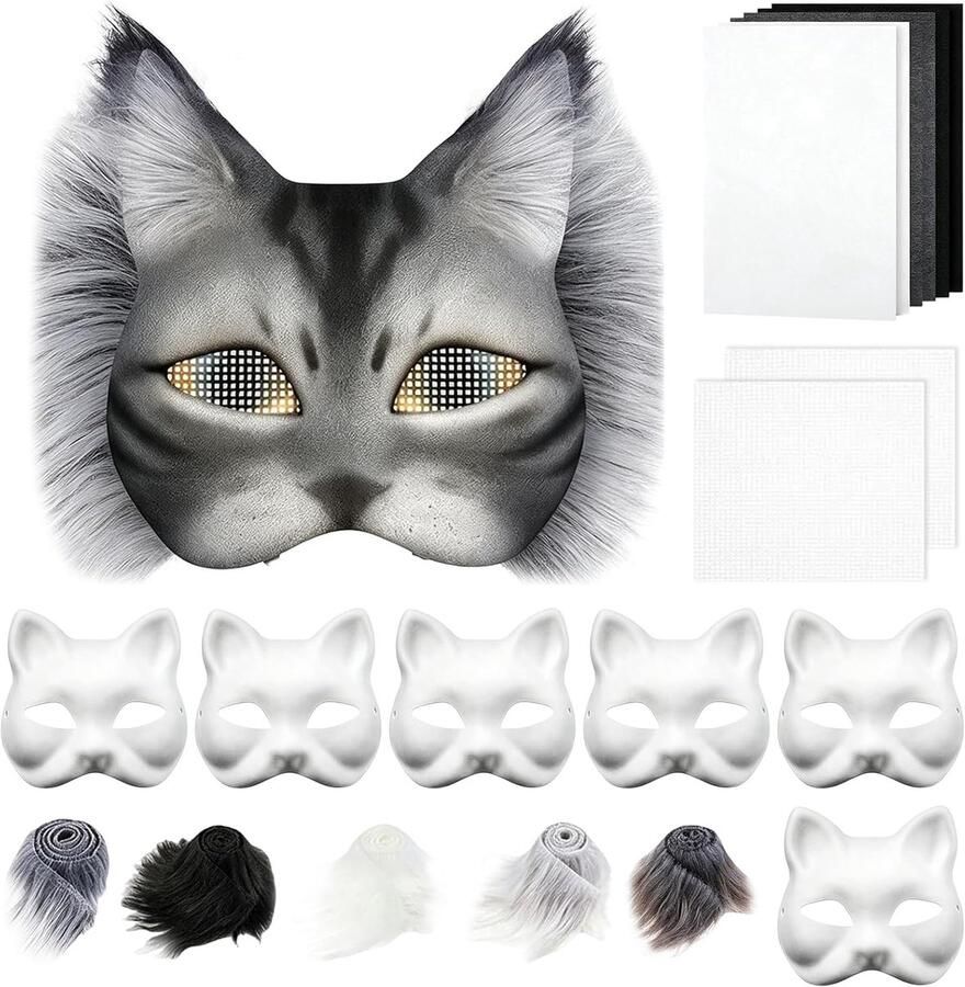 Maskers Doe-het-zelf set 6 stuks papieren Therian-masker met kunstbont oognet en viltdoek lege halfgelaats-kattenmaskers om te knutselen voor Halloween maskerade gemaskerd bal