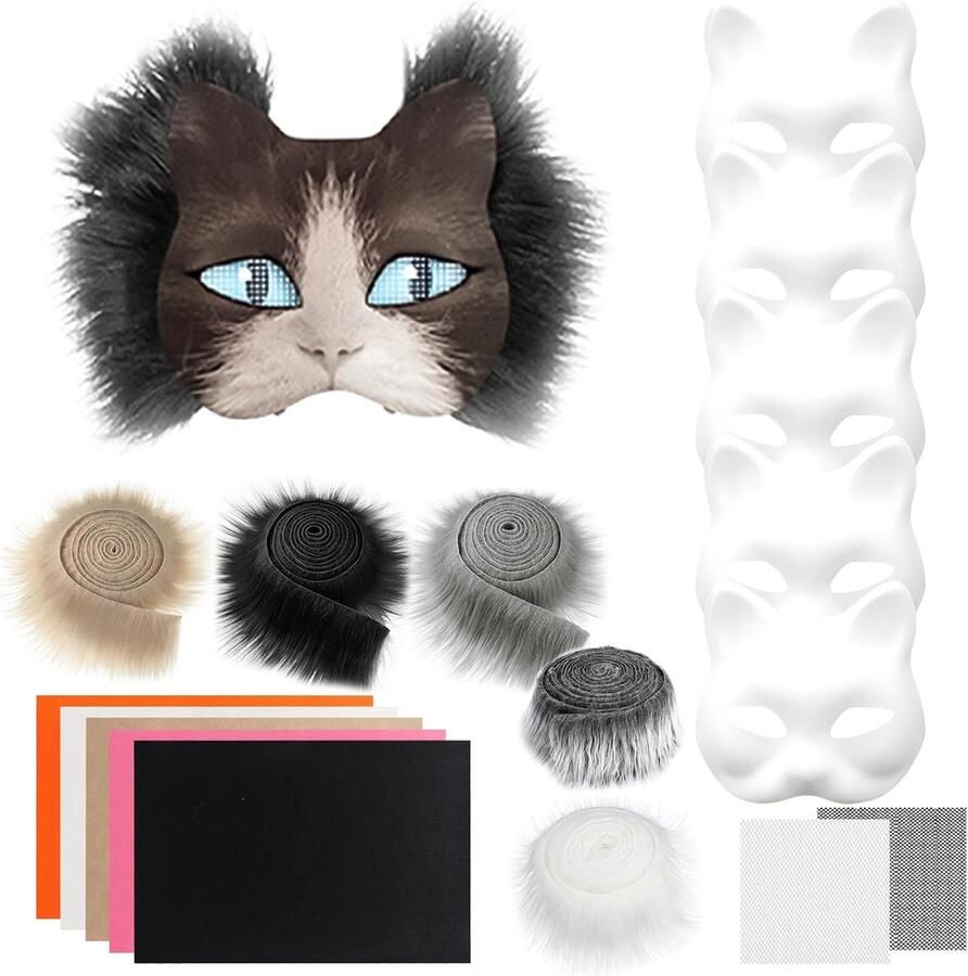 Maskers wit masker met bont en oognet doe-het-zelf schilderij kattenmasker activiteiten Halloween kattenmasker voor maskerade Halloween