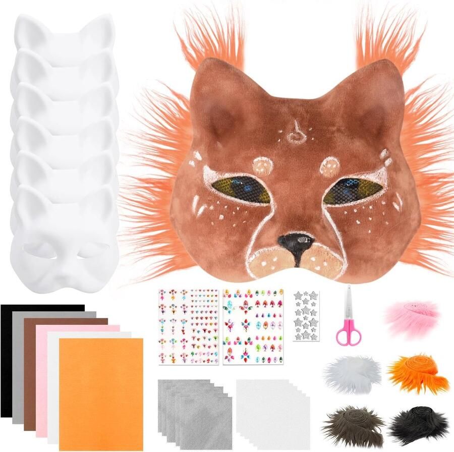 Maskerset 34 stuks doe-het-zelf kattenmaskers met zelfklevende viltvellen ooggaas en diamantsticker voor kinderen en volwassenen geschikt voor gemaskerd bal feest
