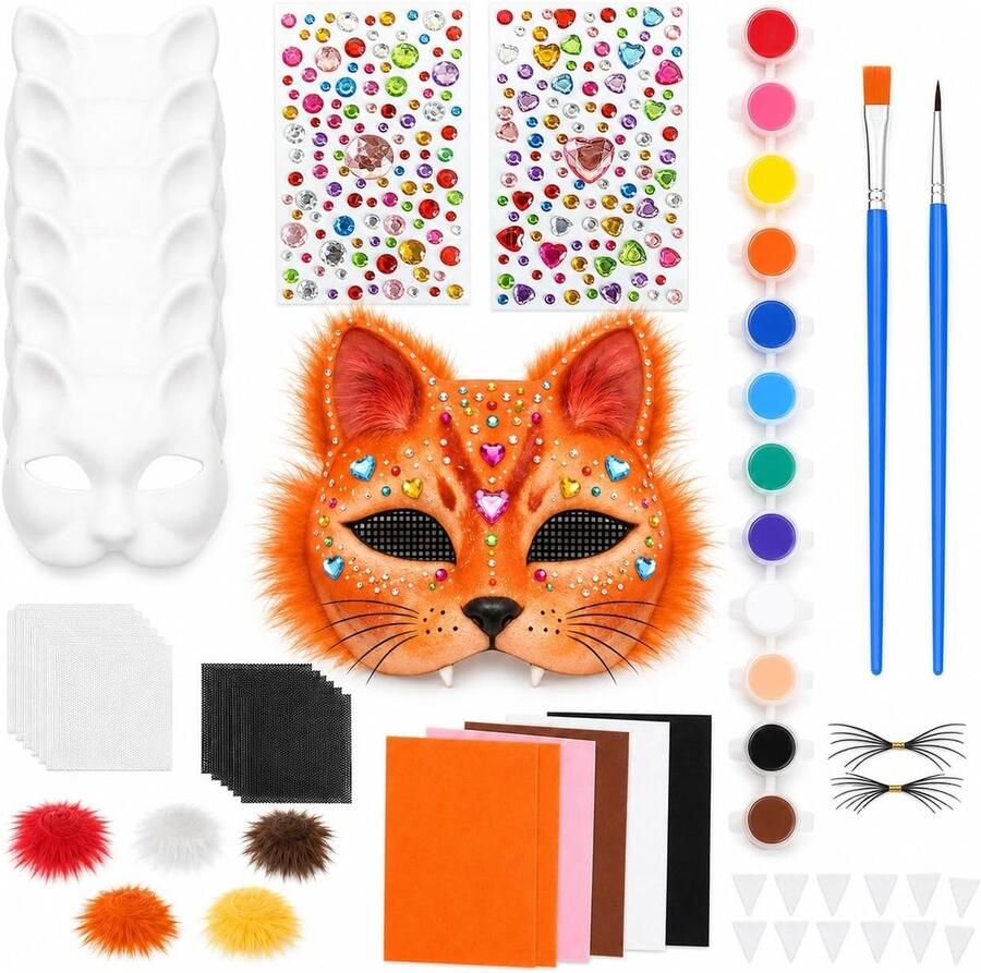Maskerset 6 stuks kattenmasker om te beschilderen met 12 kleuren 2 penselen strass-stickers kunstbont vilt oogmesh snor en tanden maskers knutselset voor