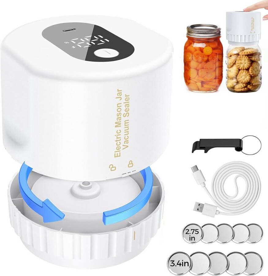Mason Jar Sealer Capper Pottensealer met deksel Sealer Vacuum Sealer Vacuümsealer voor verse potten Type-C-oplaadbaar Sterke zuigkracht Laag geluidsniveau 1200 mAh Met 10 glazen deksels en flesopene Geschikt voor glazen blikjes