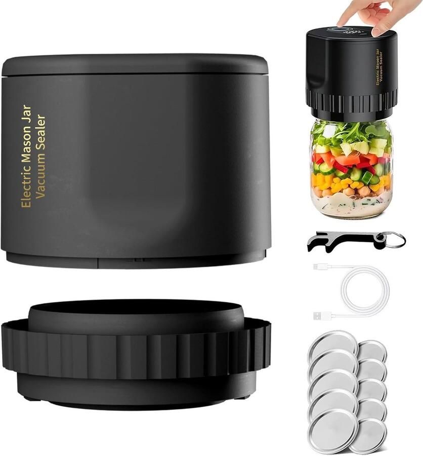 Mason Jar Vacuum Sealer Kit elektrische vacuümsealer voor inmaakpotten met 5 breedtes + 5 normale deksels en blikopener vacuümsealer voor inmaakpotten